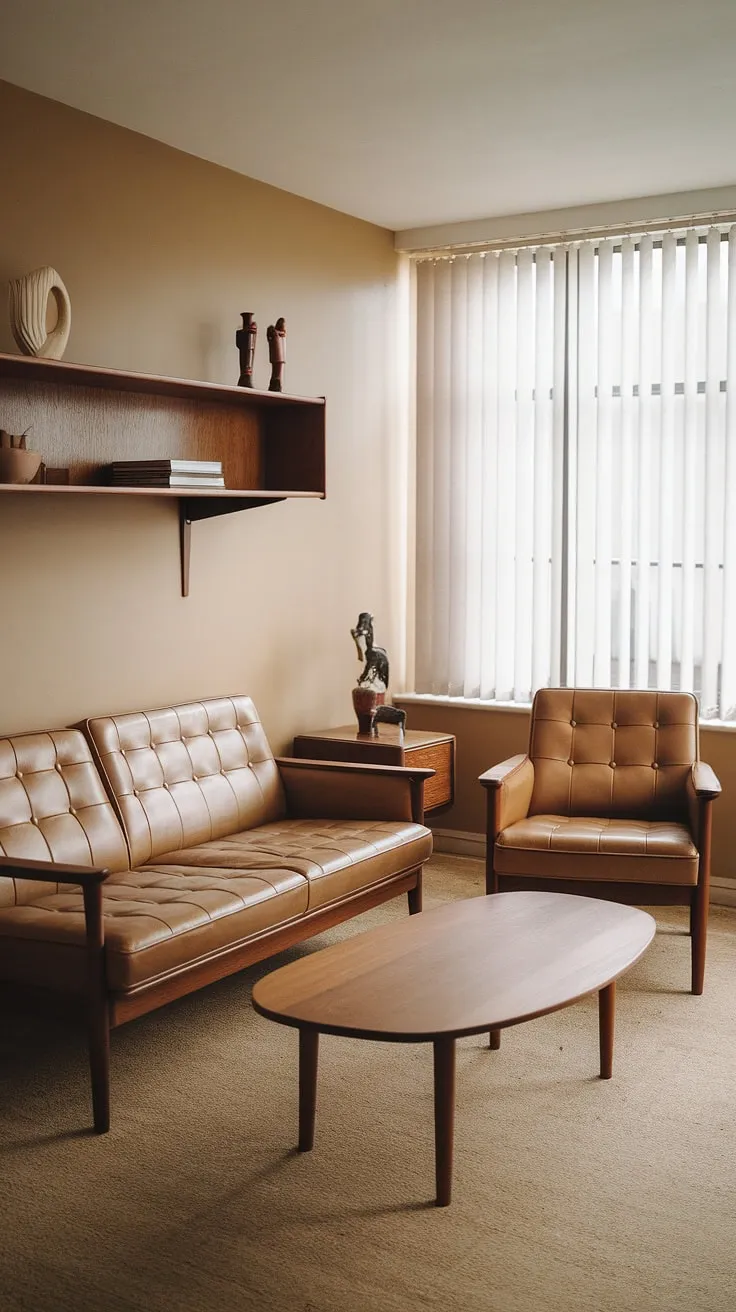 This mid-century modern living room is pure sophistication. The rich beige leather sofa and armchair, paired with the circular coffee table and minimalist shelving, evoke a sense of calm and understated luxury. A perfect blend of form and function, this room whispers stories of stylish gatherings and quiet contemplation.
