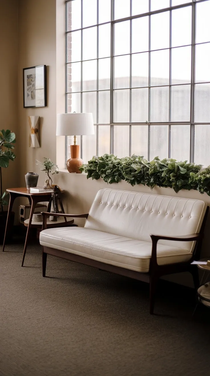 Stepping back in time, this mid-century modern living room exudes a timeless elegance. The creamy leather armrest of the sofa contrasts beautifully with the dark wood, creating a sophisticated focal point. A curated collection of vintage pieces, including the lamp and planter, adds to the room's unique charm. The large window, framed by a lush green plant, brings the outside in, completing this perfectly styled space.