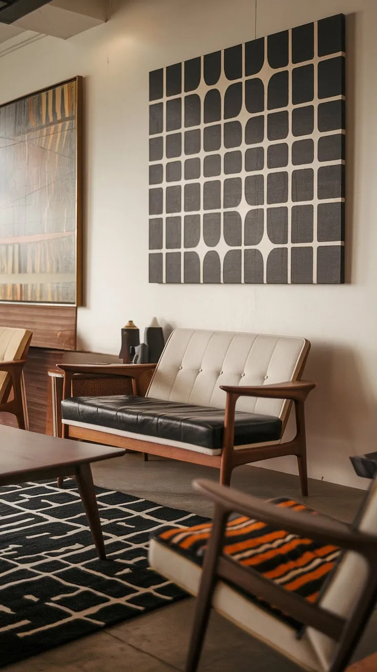 Stepping back in time, this mid-century modern living room exudes a sophisticated calm. The geometric artwork above the sleek, black and white couch complements the room's clean lines and the patterned rug adds a touch of playful texture. A perfect blend of form and function, this space is a testament to timeless design.
