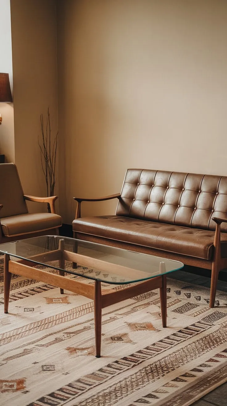 This mid-century modern living room is a study in understated elegance. The carefully curated furniture, from the iconic tufted sofa and armchair to the minimalist coffee table, speaks volumes about the era's appreciation for clean lines and functional beauty. The patterned rug adds a touch of personality, while the warm beige walls create a soothing backdrop. It's a space designed for relaxation and conversation, a perfect embodiment of mid-century living.