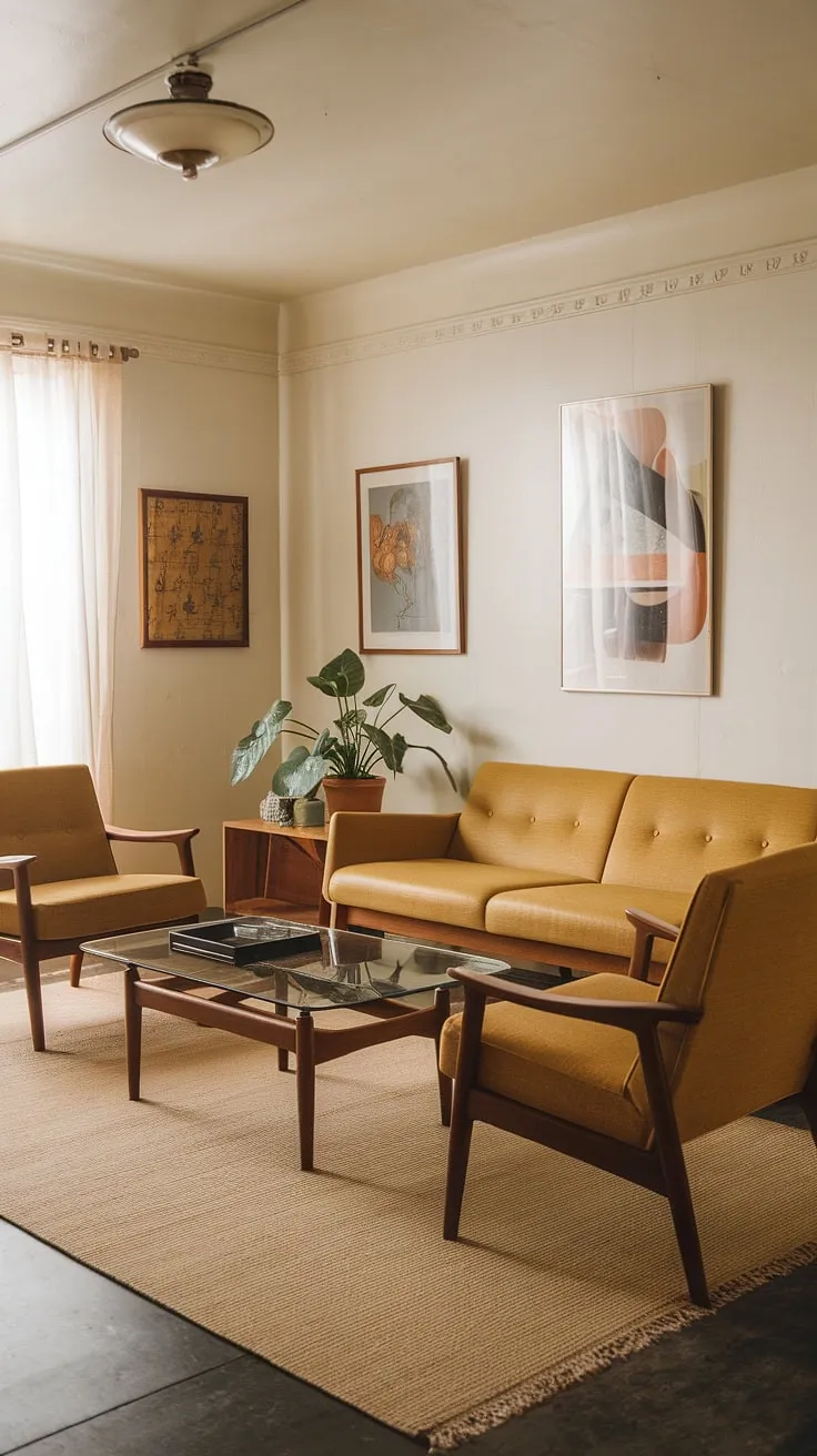 Step back in time with this stunning mid-century modern living room. The rich hues of the mustard yellow seating, paired with the clean lines of the furniture and artwork, create a space that is both elegant and inviting. A perfect example of how classic design remains eternally chic.
