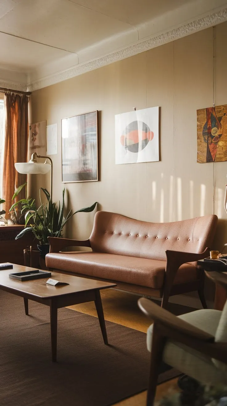 Step back in time with this mid-century modern living room. The curved lines of the sofa, the warm wood tones, and the carefully curated details create a space that's both stylish and inviting. A perfect blend of vintage charm and timeless elegance.