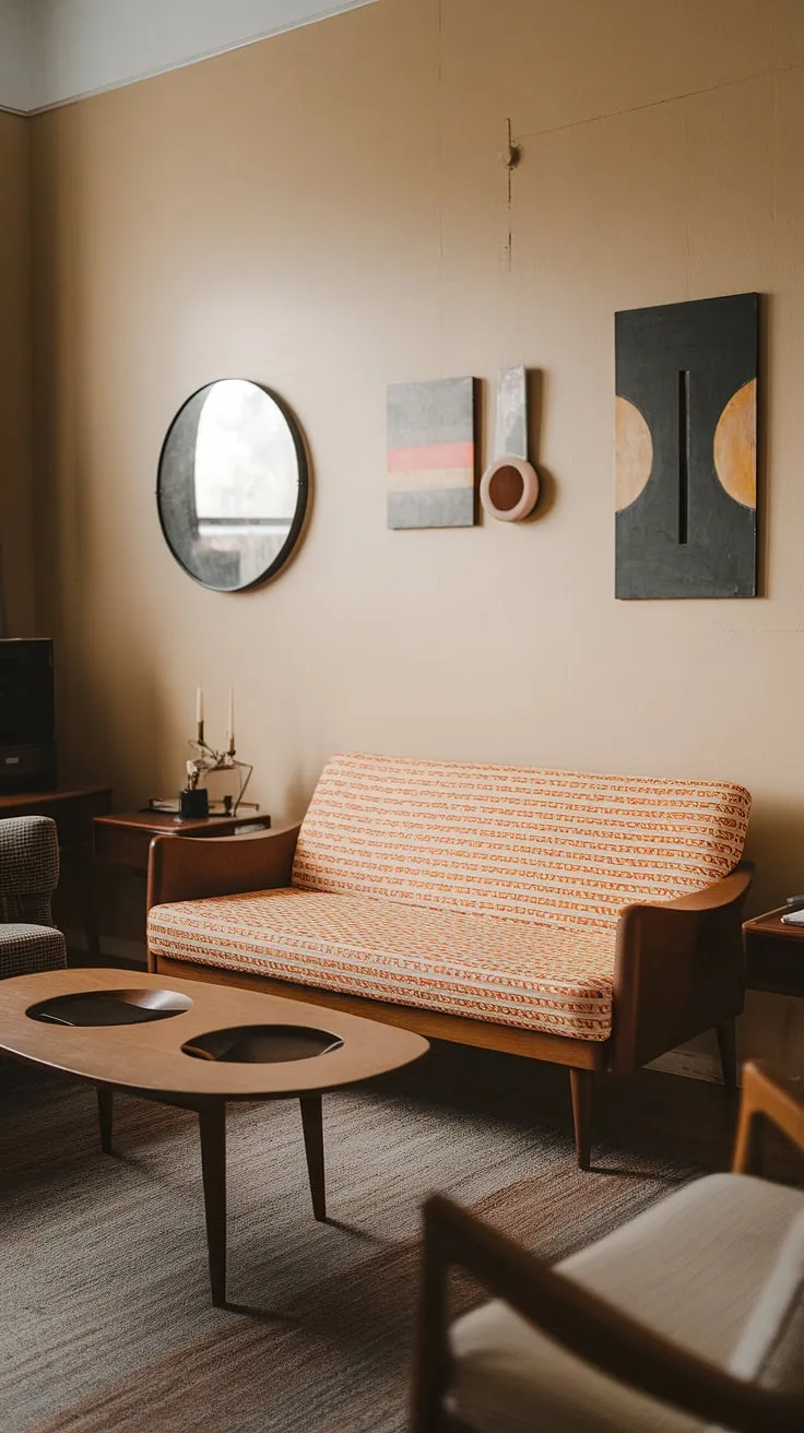 This mid-century modern masterpiece is a testament to classic design. The carefully curated artwork, the iconic sofa, and the perfectly placed circular coffee table all contribute to an atmosphere of sophisticated comfort. A true reflection of a bygone era, reimagined for today.