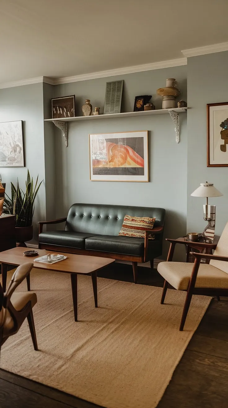 Stepping back in time: This mid-century modern living room, with its calming light blue walls and a sophisticated dark green sofa, perfectly captures the era's elegant simplicity. The carefully curated details, from the patterned throw pillow to the artwork, create a space that's both stylish and inviting. A true testament to timeless design.