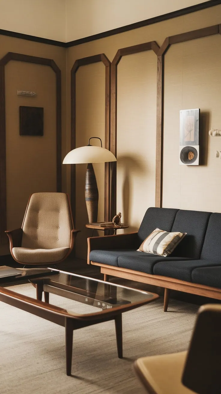A sanctuary of calm: This mid-century modern space effortlessly blends classic design with a contemporary feel. The deep blue sofa anchors the room, while the beige chair and wooden accents add warmth and texture. A quiet corner for contemplation and connection, this room is a testament to the enduring appeal of mid-century design.