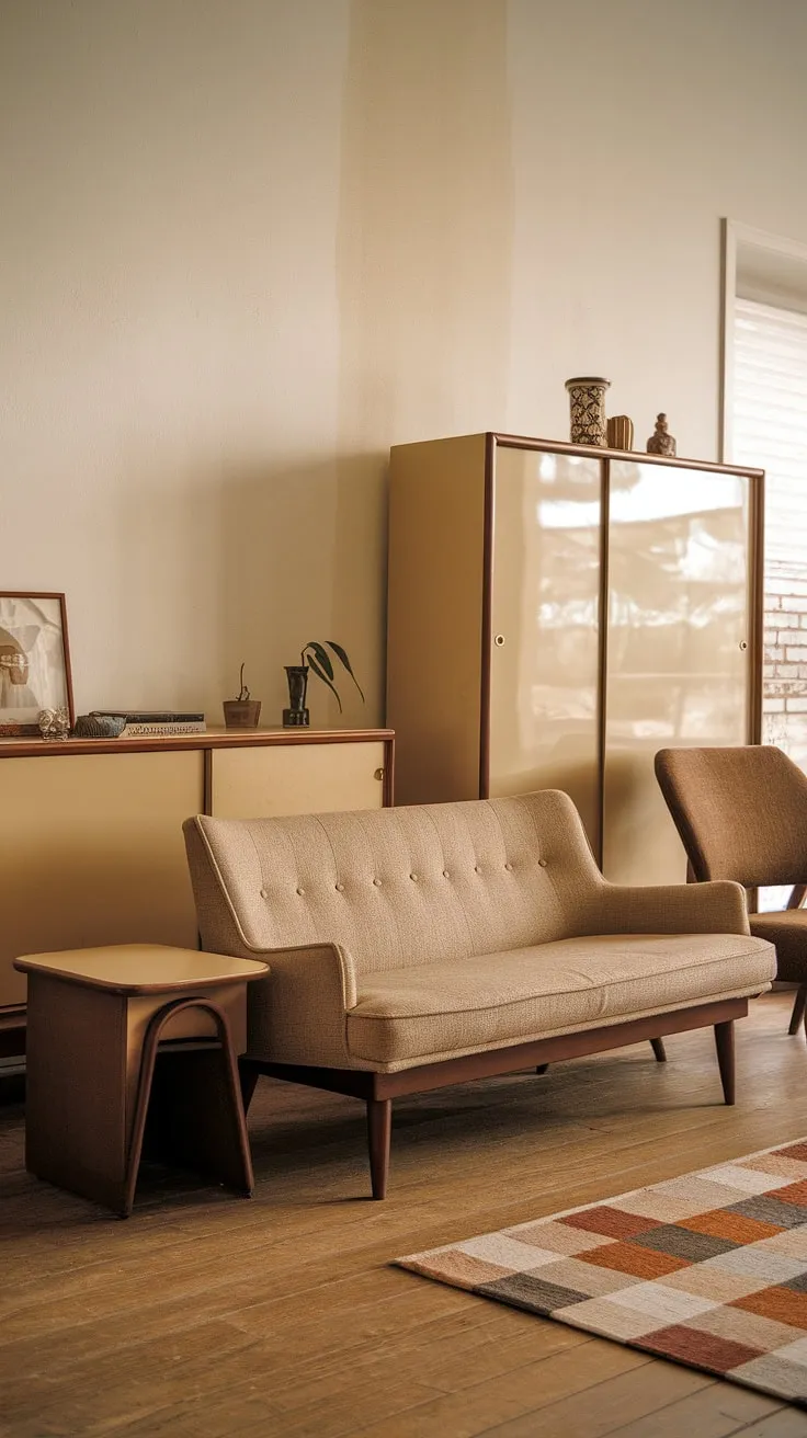 Stepping back in time: This mid-century modern living room, with its warm beige and brown tones, exudes a timeless elegance. The carefully curated furniture, including the iconic lounge chair, creates a space of understated sophistication and a comfort.
