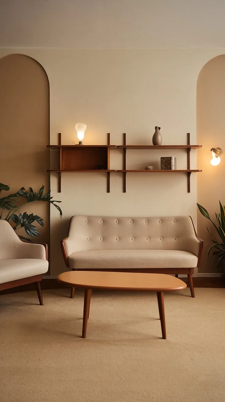 Bathed in the warm glow of a setting sun, this mid-century modern living room exudes a timeless elegance. The neutral beige and wood tones create a serene atmosphere, perfectly complemented by the carefully curated décor and lush potted plants. A testament to understated sophistication, this space is a sanctuary of calm and comfort. A truly inviting haven.