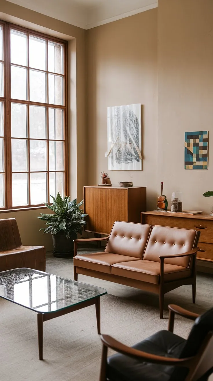 This mid-century modern living room is a study in understated elegance. The carefully chosen furniture, from the classic couch to the unique coffee table, creates a sophisticated atmosphere. The beige walls and natural light enhance the warmth of the wooden elements, resulting in a truly tranquil and a relaxing space.