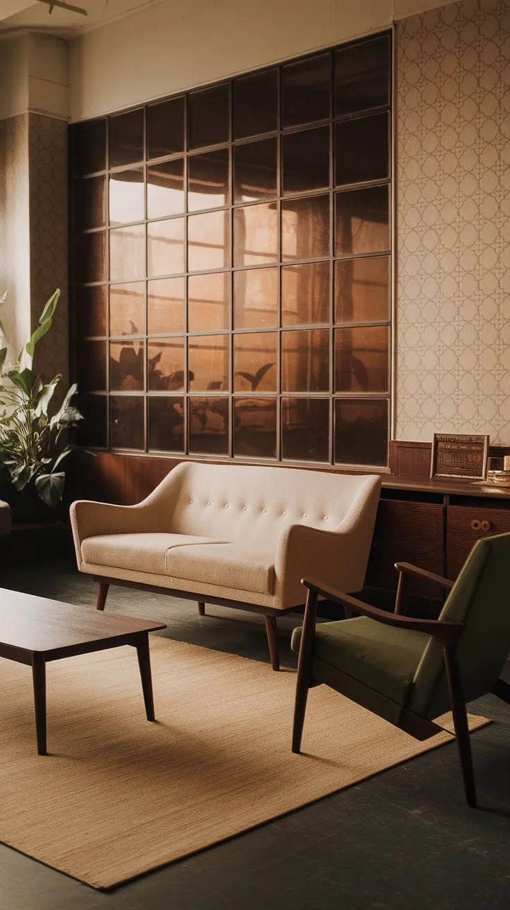 Lost in the quiet elegance of a bygone era. This mid-century modern living room, with its muted palette and carefully curated details, whispers stories of sophisticated gatherings and quiet contemplation. The interplay of light and shadow, the texture of the wood, and the subtle pops of green create a space that's both timeless and utterly captivating. A sanctuary of refined taste.