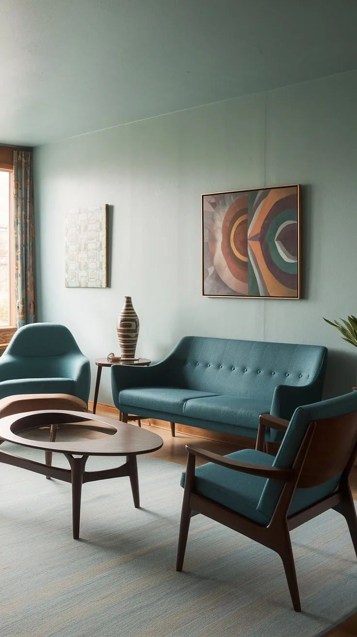 Step back in time to this serene mid-century modern living room. The calming light blue walls and teal accents create a sophisticated atmosphere, perfectly complemented by the iconic furniture and artistic touches. A testament to timeless design.