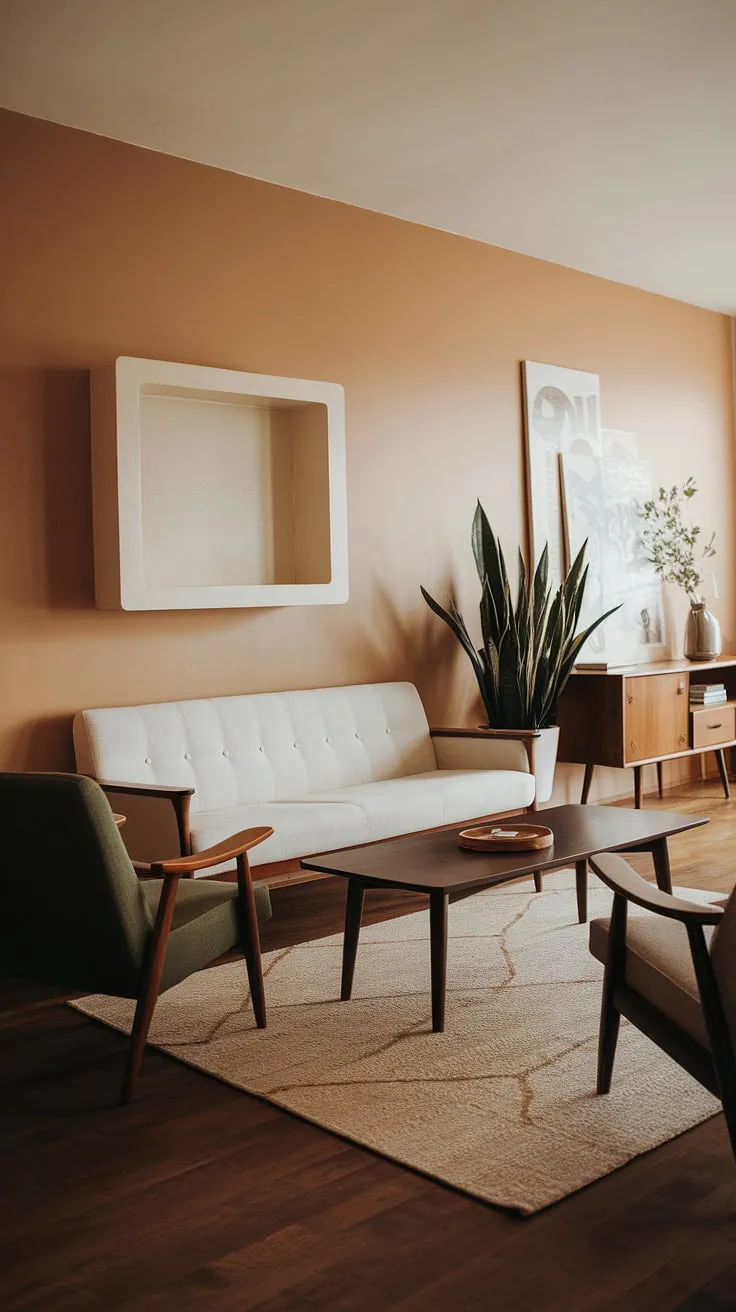 Mid-century modern living at its finest. The clean lines of the white sofa and dark wood coffee table are perfectly complemented by the warm, inviting hues and the lush greenery, creating a space that's both stylish and comfortable. A true sanctuary of calm.