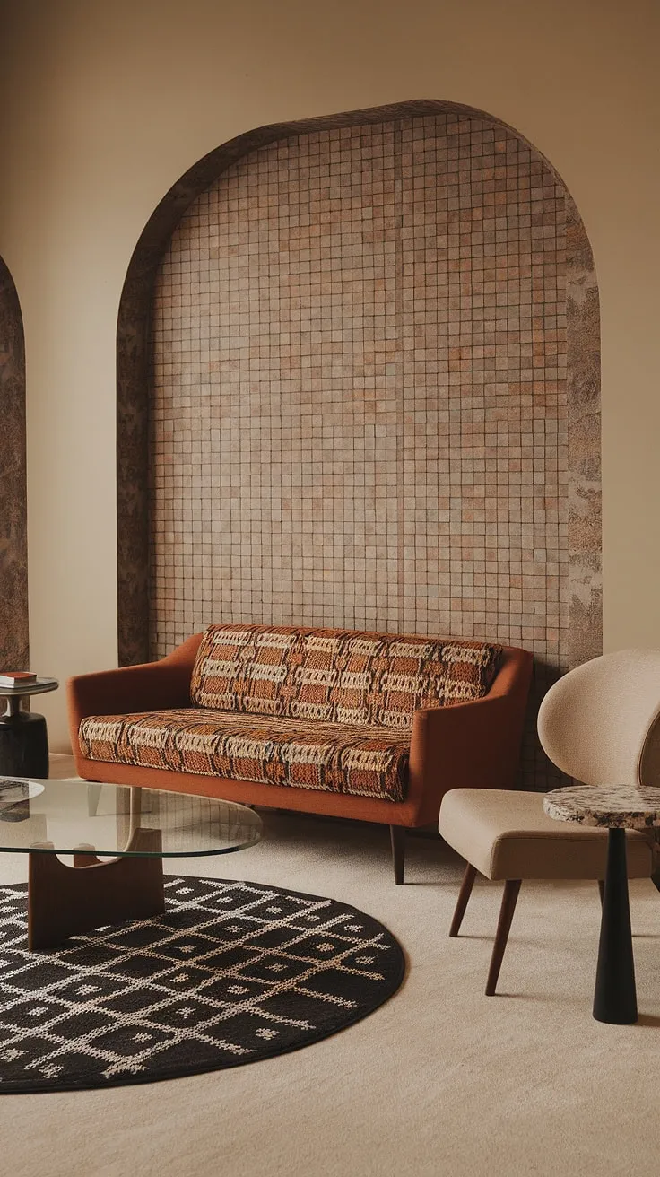 Warmth and sophistication meet in this mid-century modern haven. The rich tones of the burnt orange sofa, the textured walls, and the carefully chosen accessories create a space that's both inviting and undeniably stylish. A perfect blend of vintage appeal and contemporary comfort.