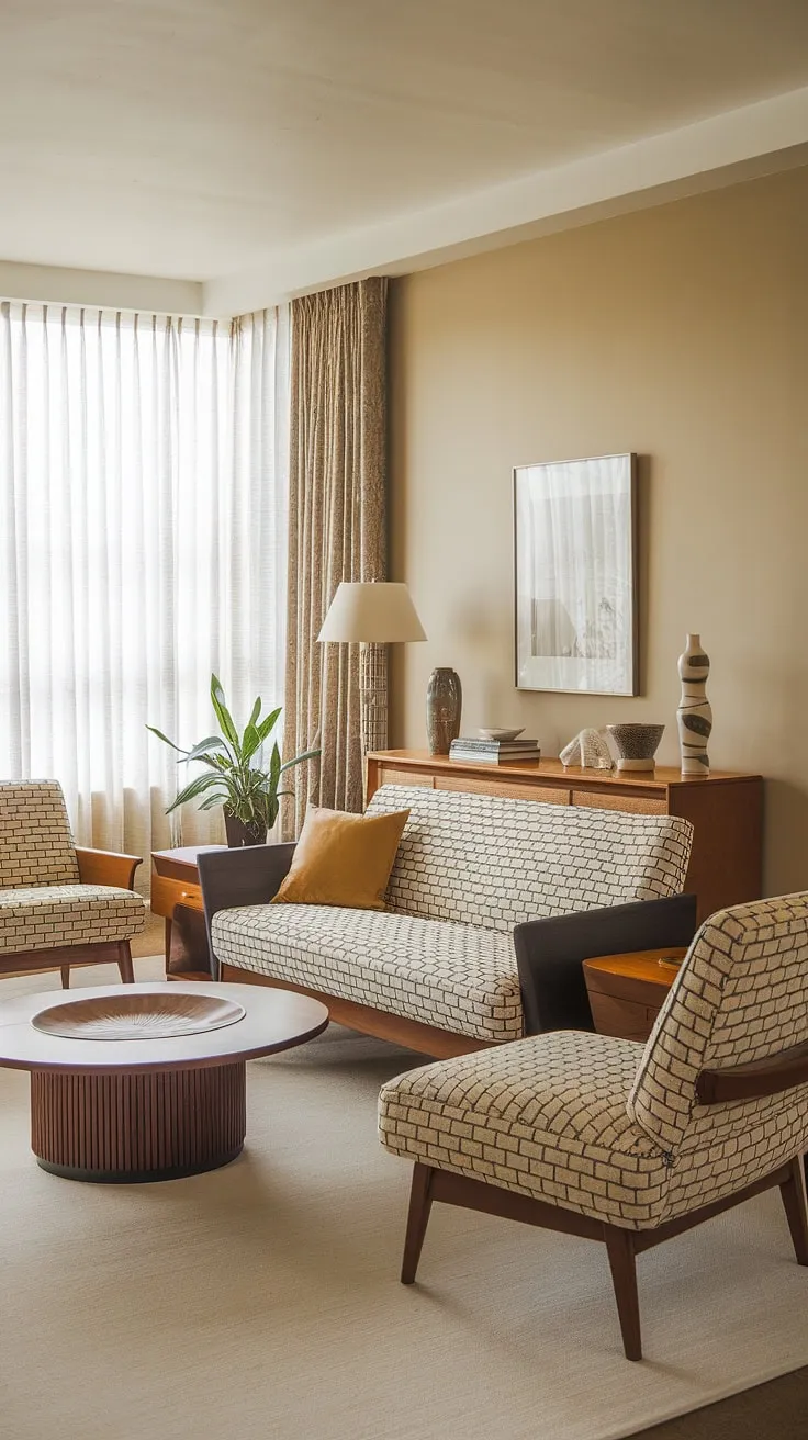 Mid-century modern living at its finest. The elegant beige and black patterned furniture, complemented by the warm wood tones and soft lighting, creates a sophisticated and inviting atmosphere. A perfect blend of style and comfort.