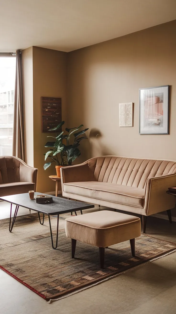 Step back in time to a sophisticated era. The muted tones of the beige velvet furniture, the sleek lines of the hairpin legs, and the subtle pops of color in the artwork create a calming yet undeniably stylish mid-century modern living room. A perfect blend of comfort and understated elegance.