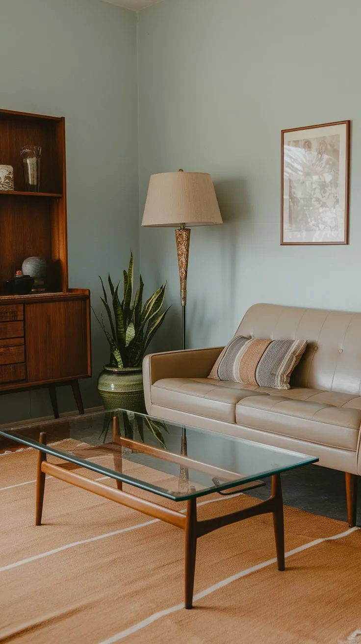 Stepping back in time, this mid-century modern living room exudes a calm sophistication. The soft blue walls, beige sofa, and warm wood tones create a haven of tranquility, perfectly complemented by the pops of green from the potted plant. A testament to timeless design.