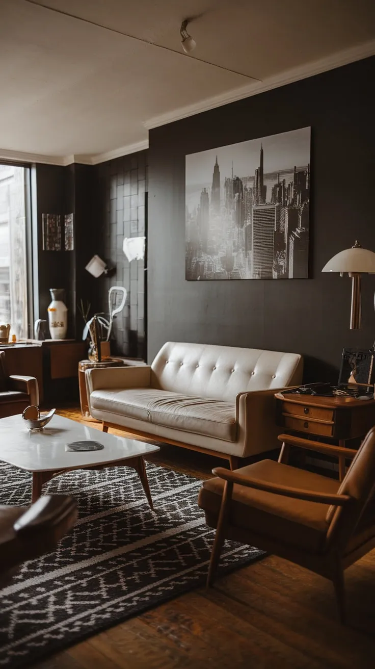 A dark, 1970s-inspired mid-century modern apartment boasts a beige sofa, white coffee table, and black and white accents, creating a sophisticated lounge atmosphere