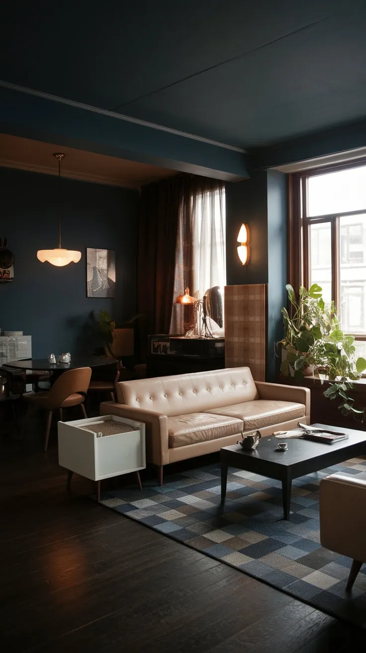 A mid-century modern apartment's dark color scheme, featuring a beige sofa and black coffee table against dark blue walls and wood floors, evokes a stylish 1970s atmosphere.