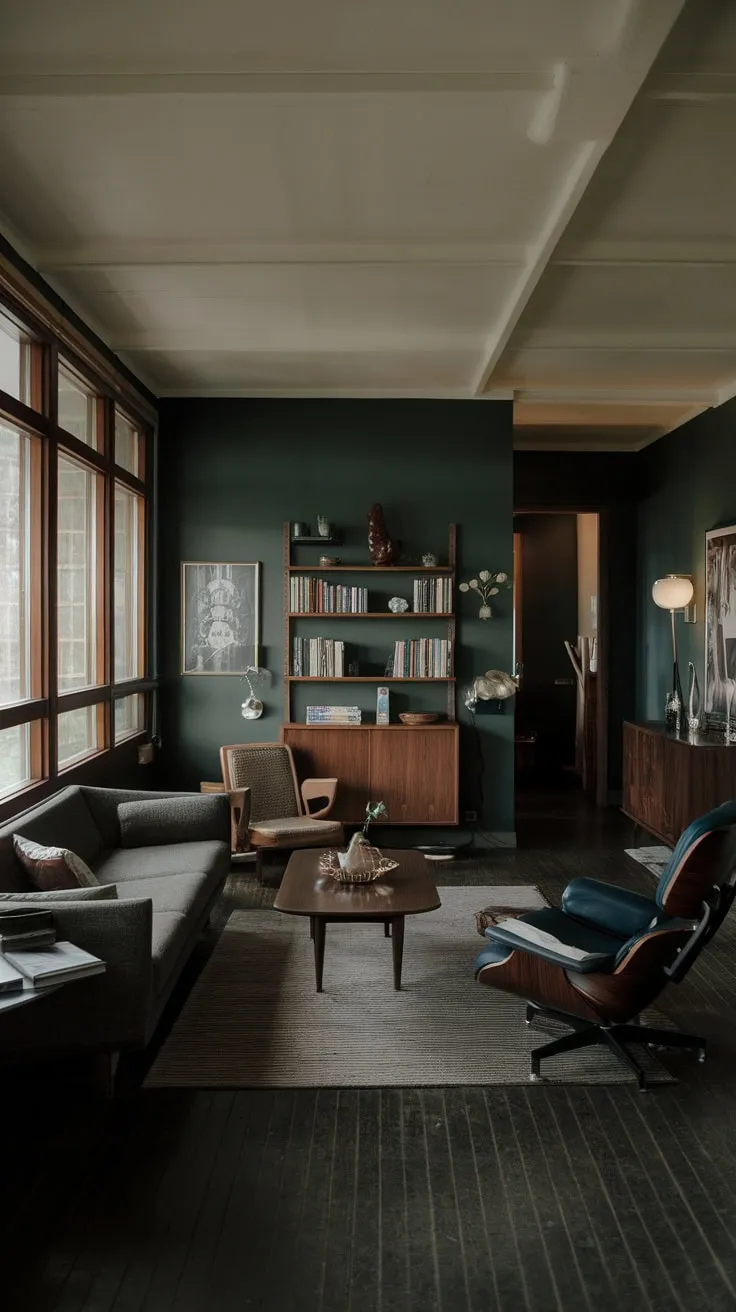 Dark wood floors and deep green walls accentuate the clean lines of this mid-century modern apartment's stylish living space