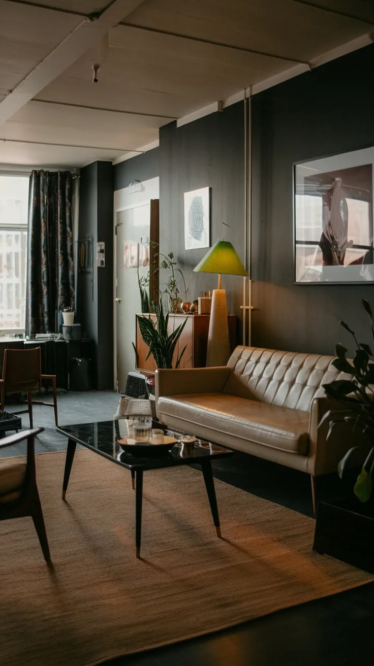 A dark and moody mid-century modern apartment evokes a 1970s lounge atmosphere with its beige sofa, black accents, and pops of green.