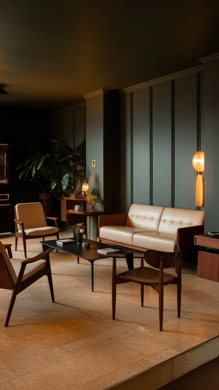 A dark green-walled apartment showcases mid-century modern design with a beige sofa, black coffee table, and warm lighting.