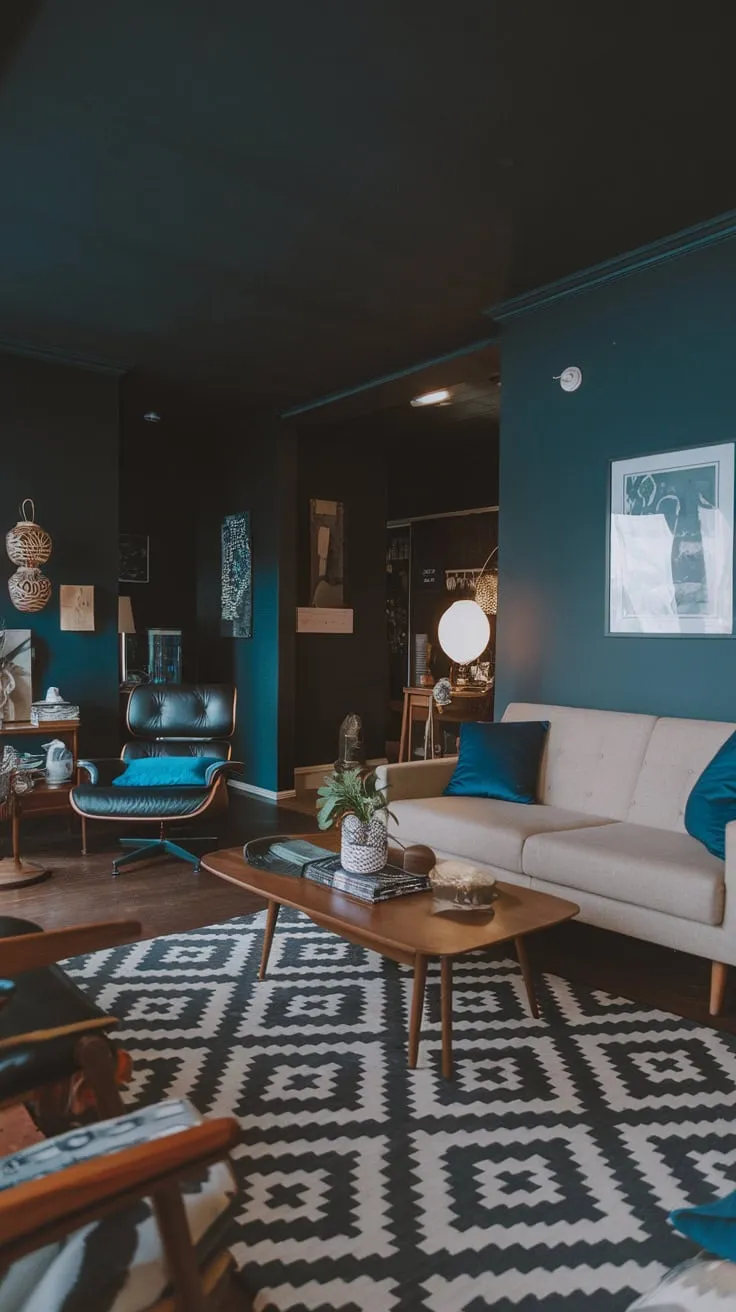 A low-ceilinged mid-century modern apartment boasts a sophisticated dark color scheme accented by pops of blue and beige.