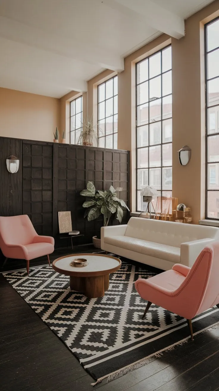 Retro chic meets modern comfort in this mid-century apartment, featuring a 70s vibe and a stylish blend of textures and colors.