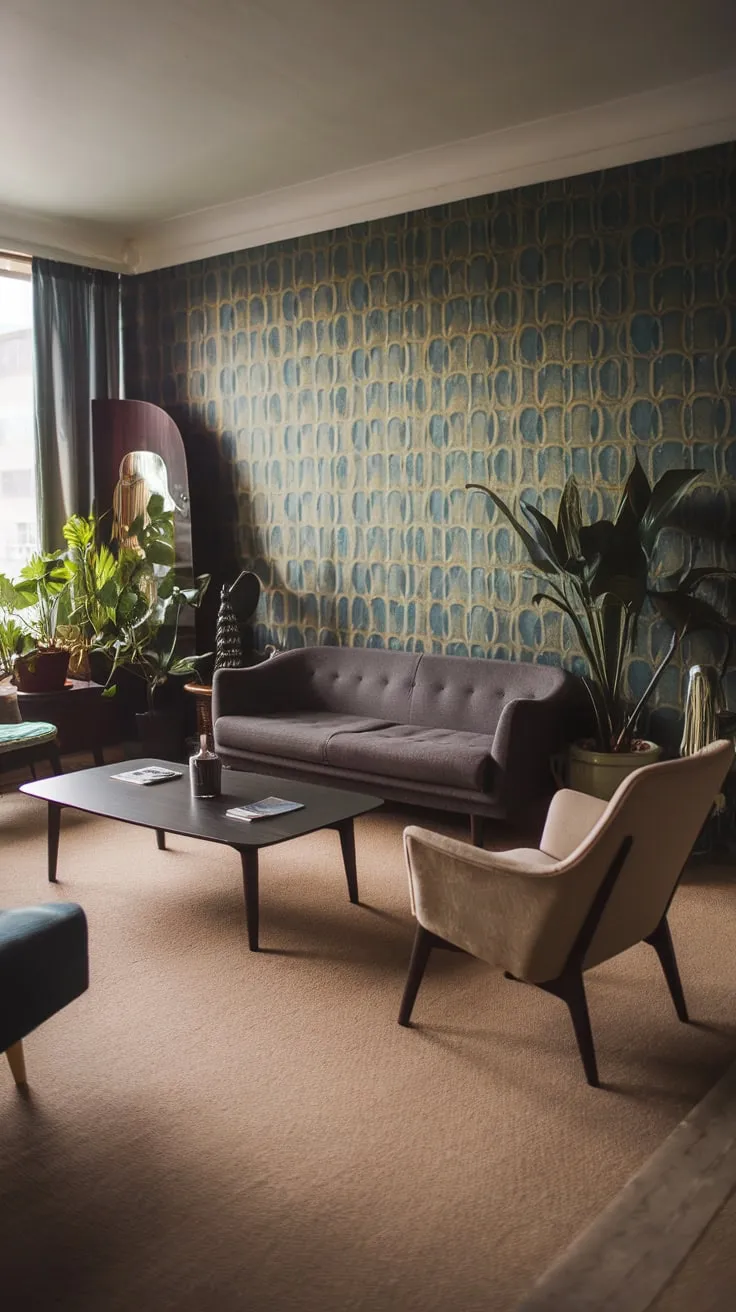 Retro cool reigns in this mid-century apartment, its dark hues and patterned walls creating a 70s-inspired lounge atmosphere.