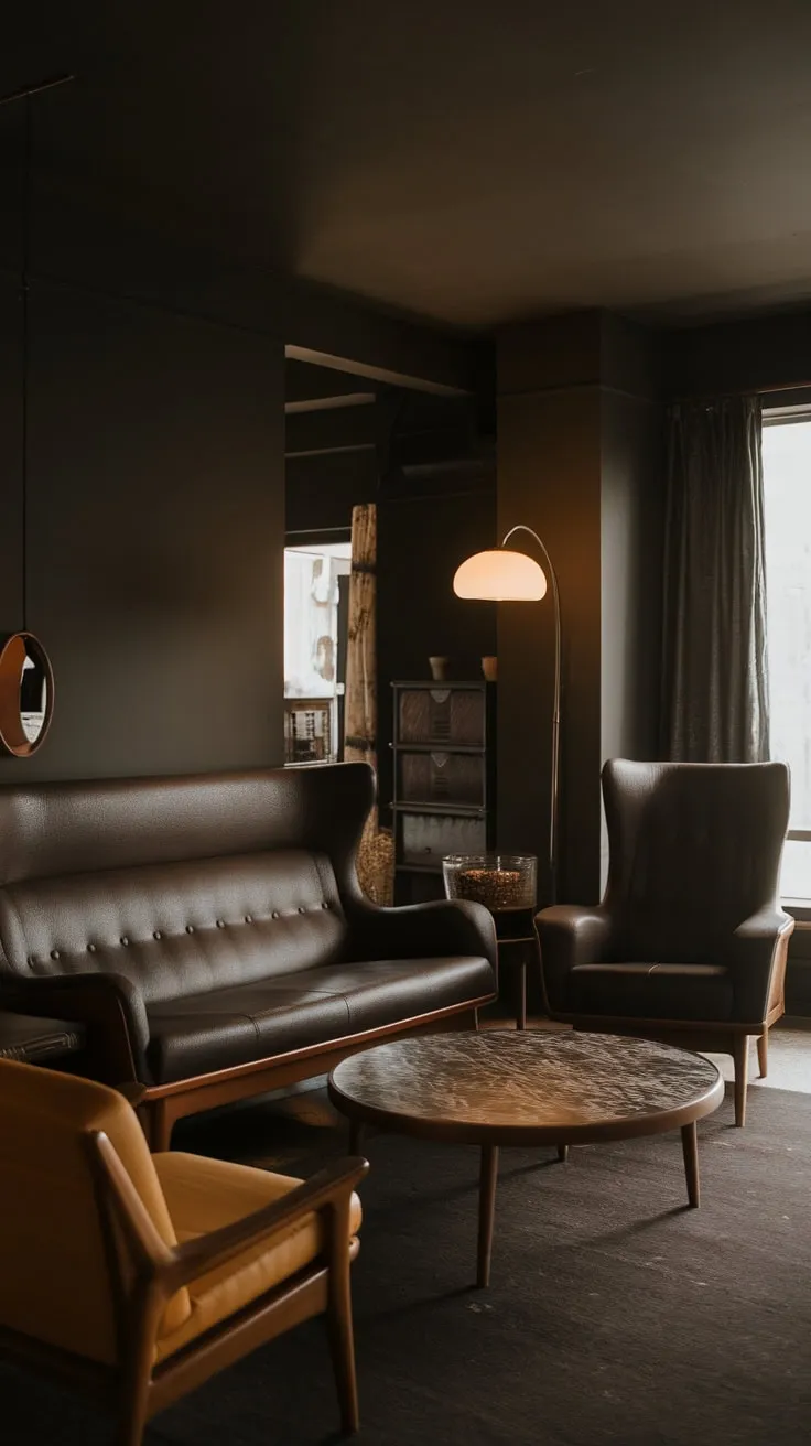 Dark hues and mid-century modern furniture create a cozy, low-ceilinged apartment retreat