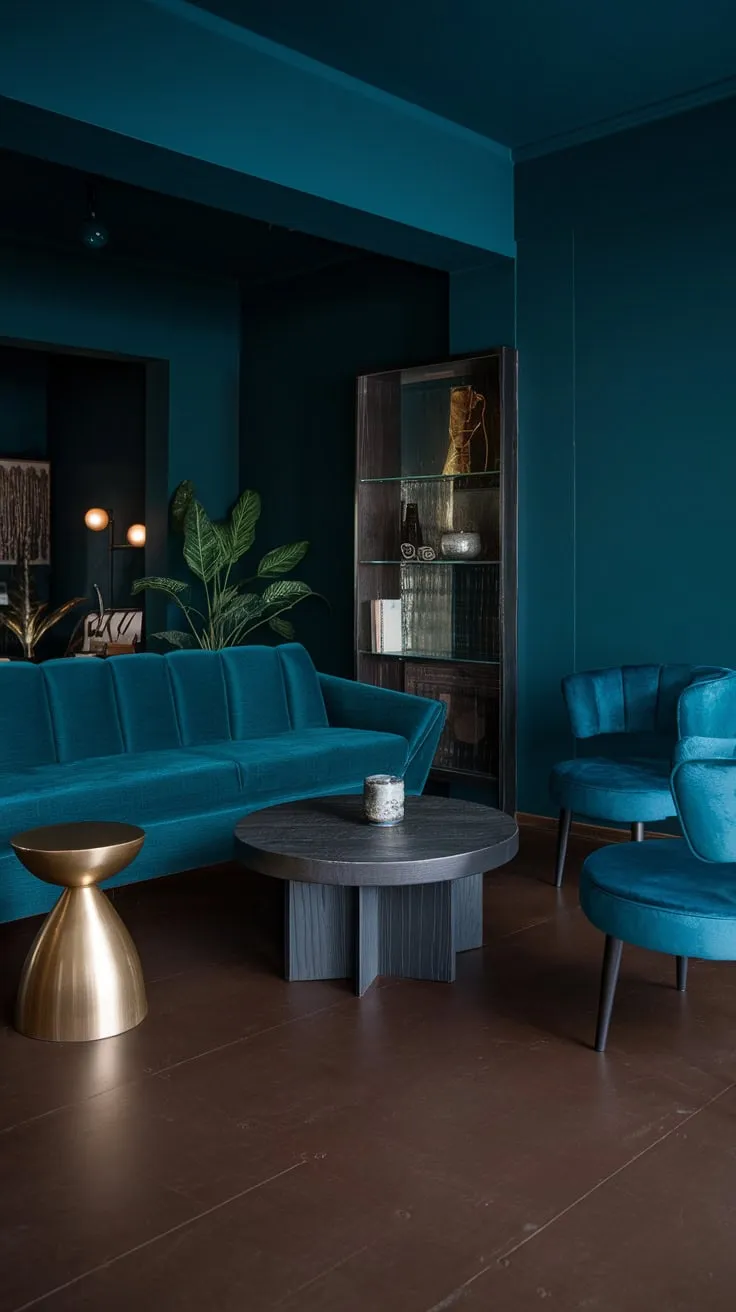 A moody mid-century modern apartment features a dark teal palette, curved furniture, and metallic accents for a stylishly dramatic atmosphere.