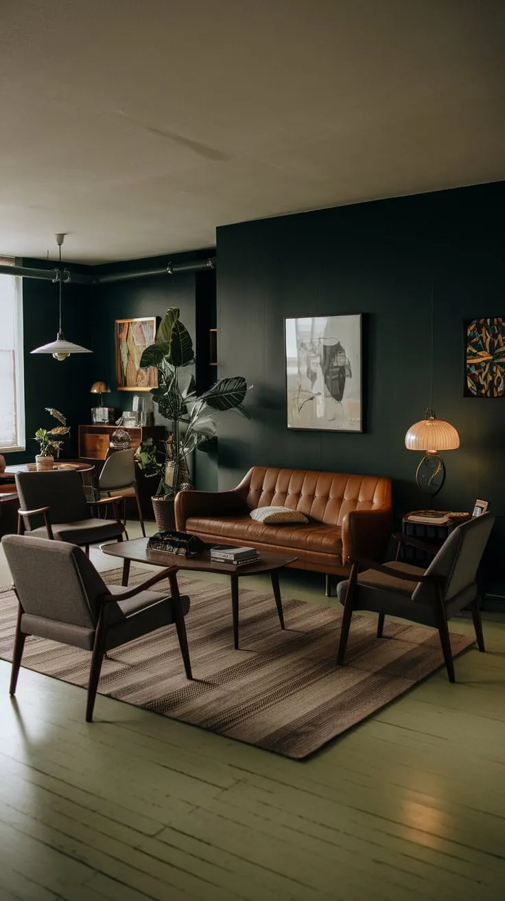 Cozy retro vibes fill a dark-green-walled mid-century modern apartment, its light wood floors contrasting with vintage furnishings and artwork.