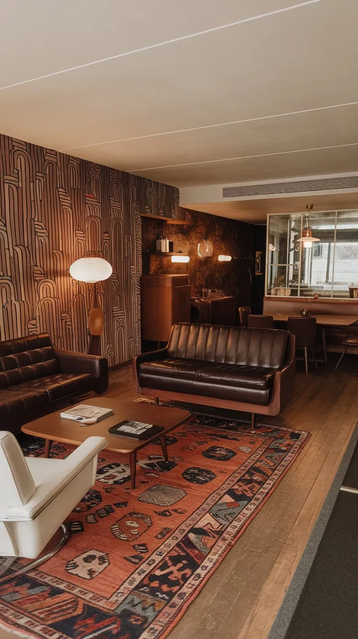 A dark brown leather sofa anchors a 70s-inspired mid-century modern living room, its patterned walls and vintage rug complementing a dark wood dining set glimpsed beyond.