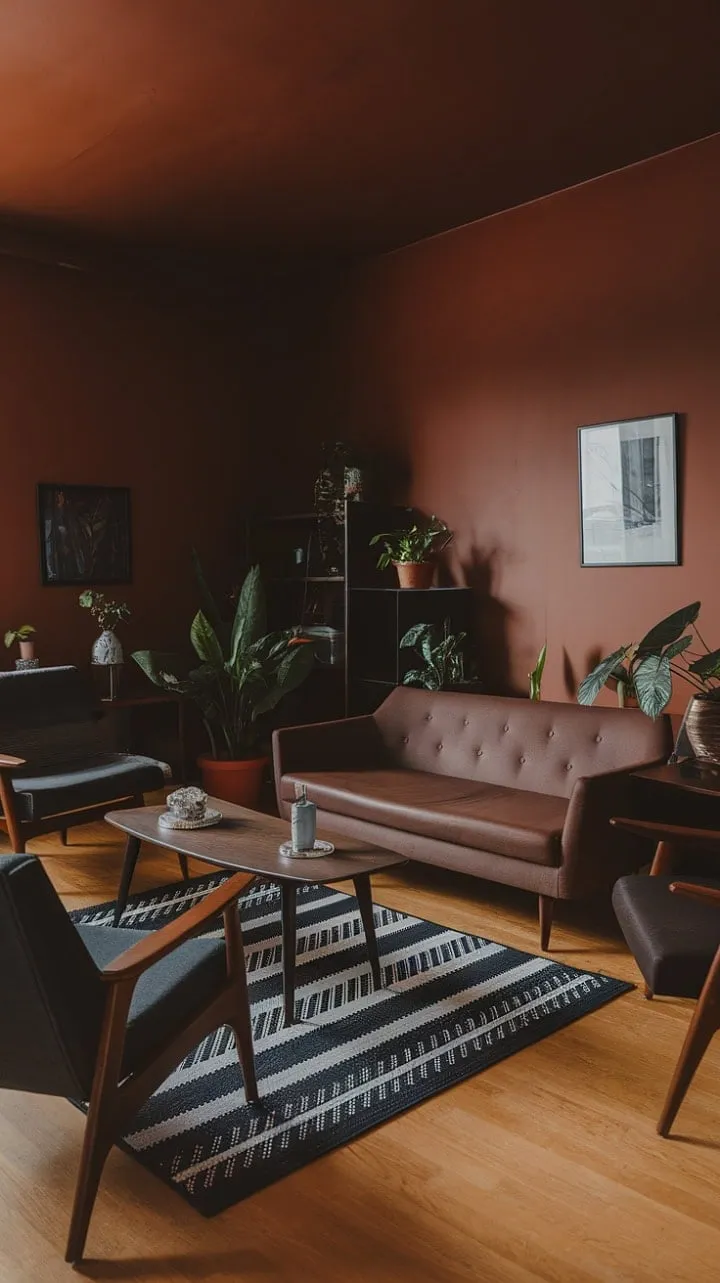 In a mid-century modern living room, deep orange walls and rich brown leather harmonize with a striking black and white rug, creating a sophisticated yet inviting oasis filled with curated furniture and vibrant potted plants.