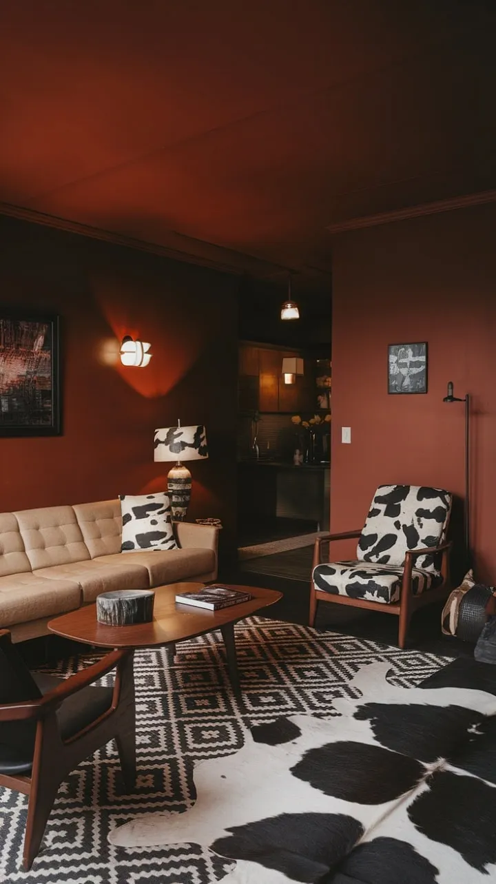 This mid-century modern apartment masterfully blends warm orange hues with bold black and white accents, creating a stylishly textured 70s-inspired living space that balances relaxation and drama.