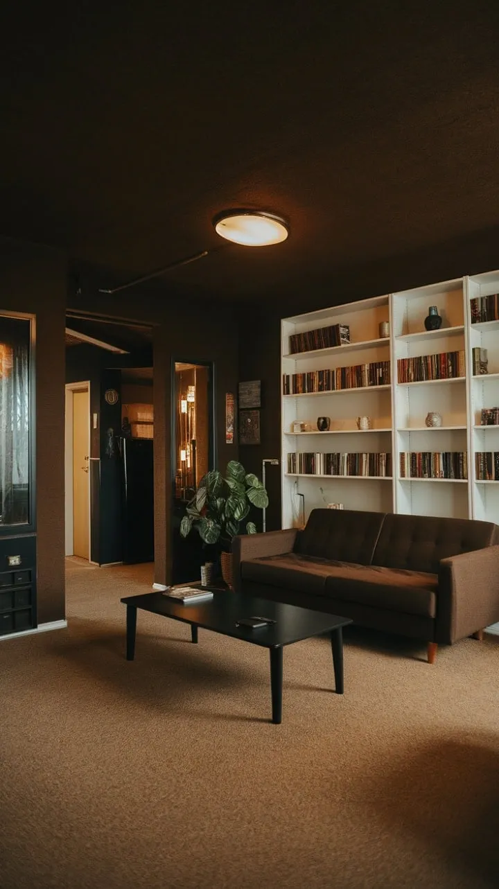 In this dark-toned mid-century apartment, subdued elegance flourishes through rich brown textures, curated furniture, and soft lighting, creating a cozy yet visually captivating haven.