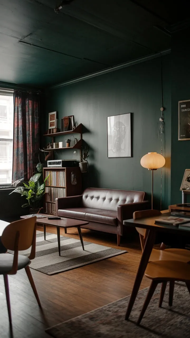Nestled in a mid-century oasis, this apartment weaves a narrative of refined calm through deep greens, sleek furniture, and a curated collection of vintage treasures, all enhanced by a touch of understated luxury.