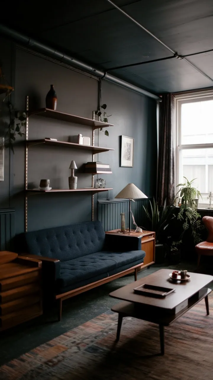 This mid-century modern apartment blends calm sophistication with a carefully curated design, featuring dark hues and plush furnishings that create a serene retreat.