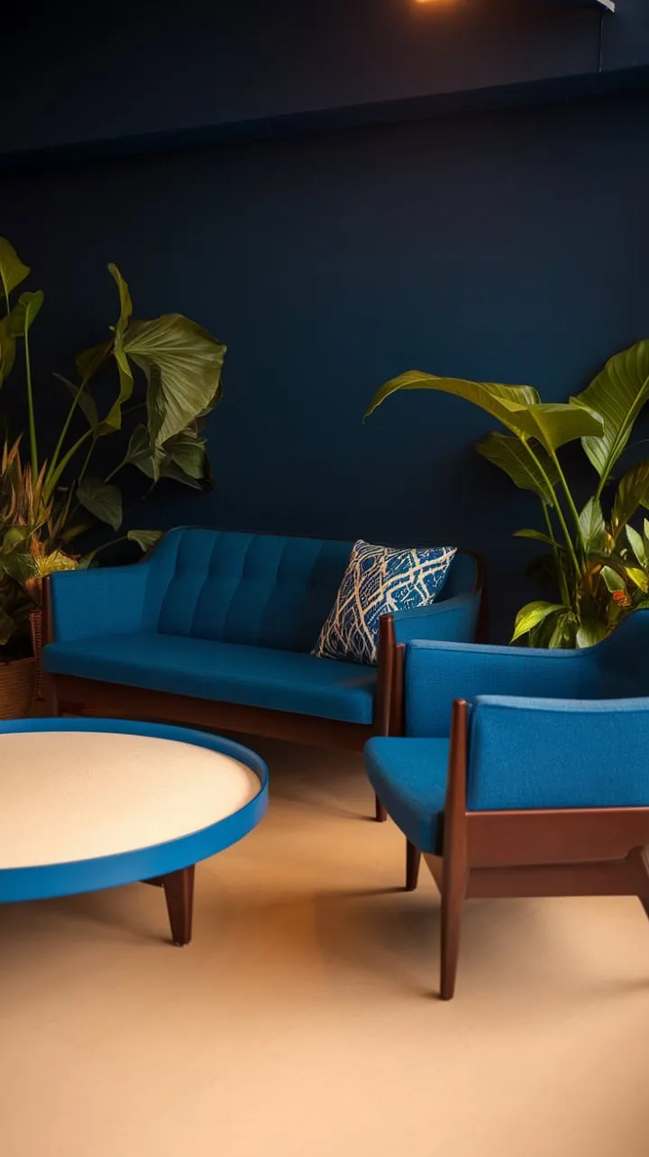 This darkly alluring living room blends subtle seventies vibes with mid-century modern elegance, featuring navy blue walls and white furniture that create a stylishly inviting haven of calm and sophistication.