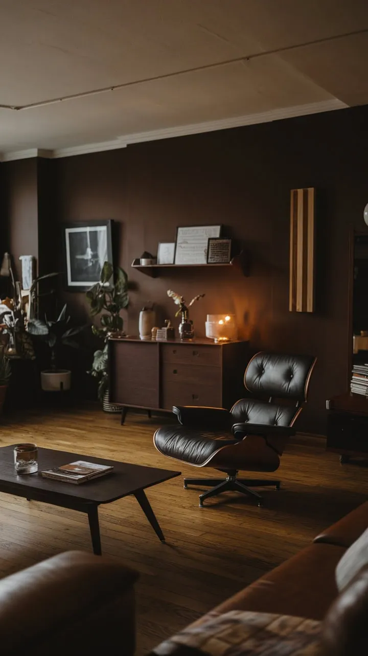 This mid-century haven, adorned with deep browns and warm lighting, exudes understated luxury through its refined furniture and a single plant that breathes life into its moody yet inviting atmosphere.