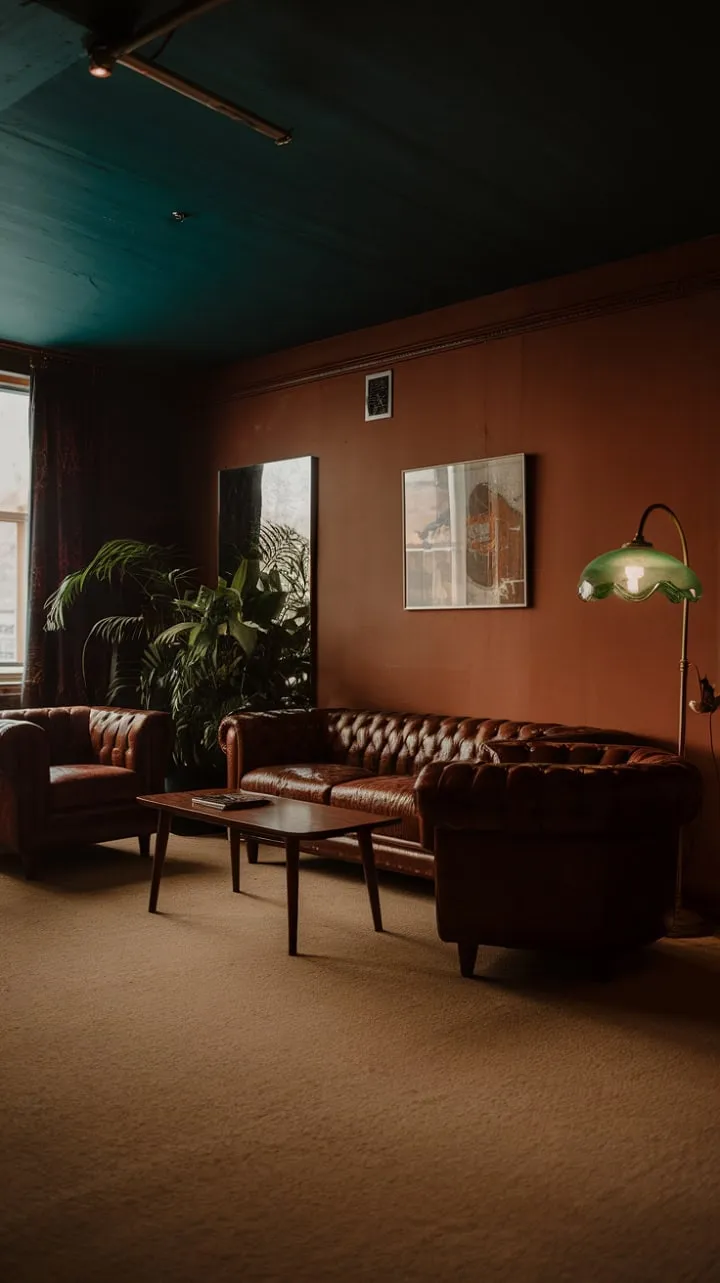 This mid-century modern apartment, with its sun-drenched orange walls and plush leather sofa, exudes a nostalgic 70s lounge vibe that effortlessly blends timeless design with cozy comfort.