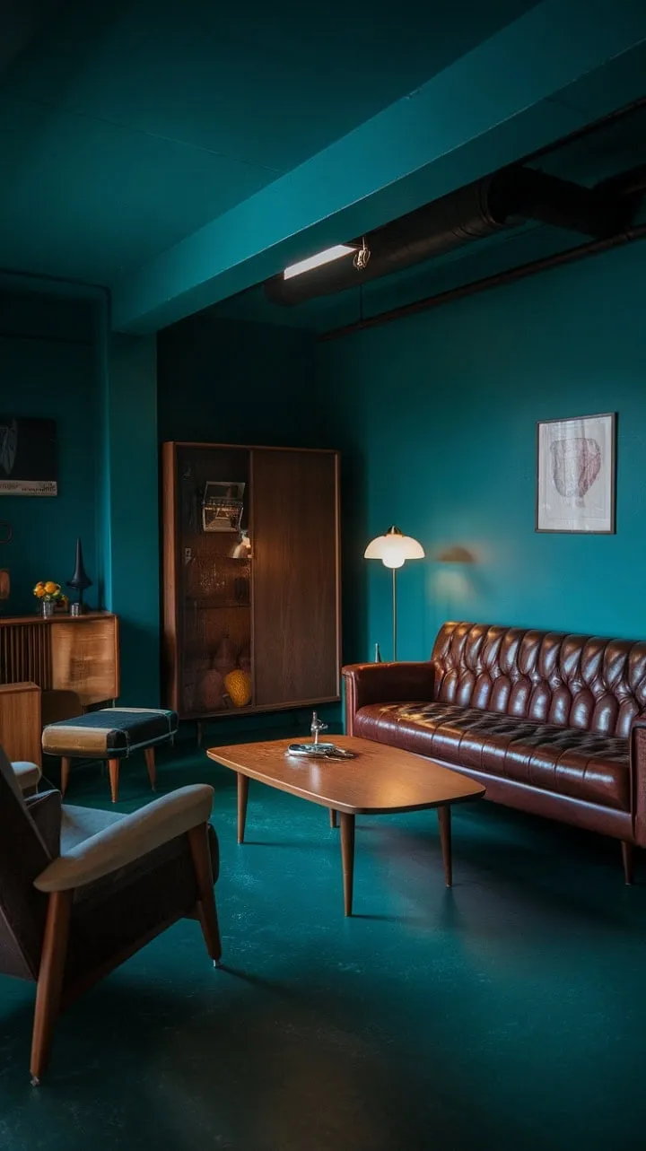 This chic apartment exudes vintage elegance with its mid-century modern furnishings set against moody turquoise walls and a dark green floor, creating a stylish sanctuary of understated luxury.