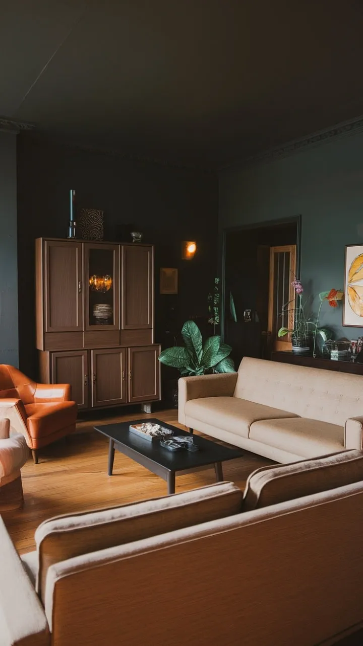 This darkly elegant living room blends moody sophistication with mid-century charm, featuring warm lighting that accentuates a chic palette of beige, black, and orange, while a splash of greenery livens up the deep grey backdrop.