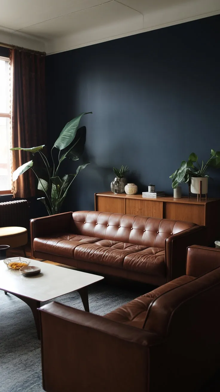 A dark-themed mid-century modern apartment evokes a 1970s lounge atmosphere with a brown leather sofa and deep blue walls