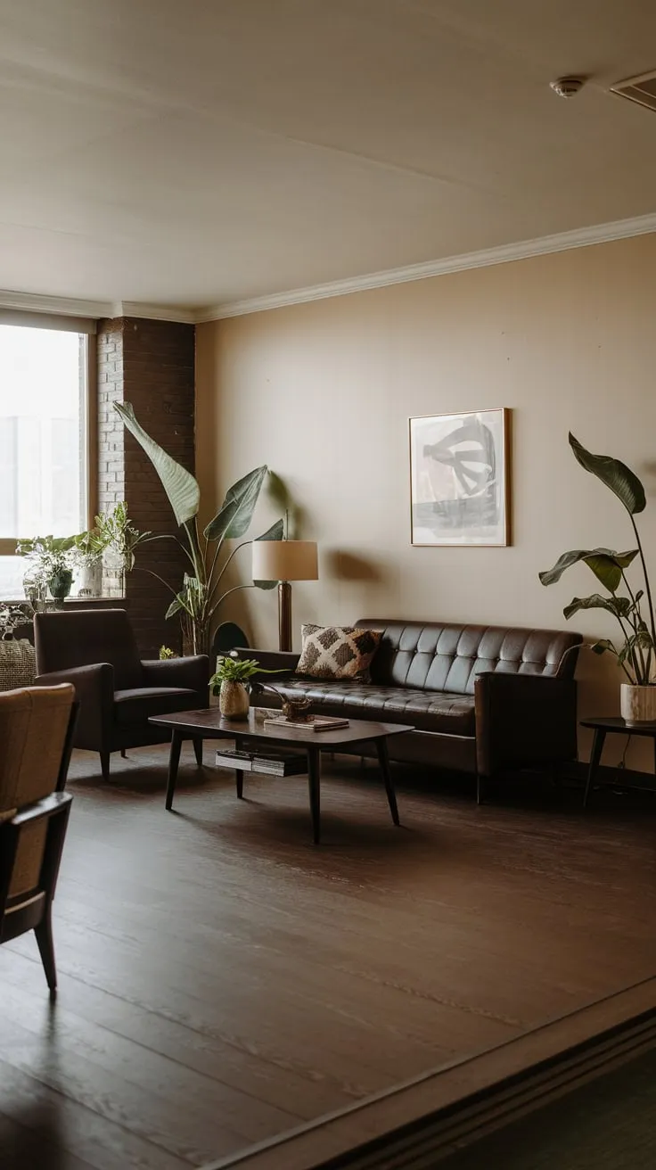 Dark wood floors and 70s-inspired furnishings create a sophisticated mid-century modern apartment vibe