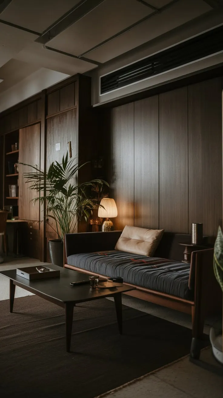 Low ceilings and dark tones accentuate the mid-century modern style of this cozy apartment, complete with built-in cabinetry and a low-slung seating arrangement