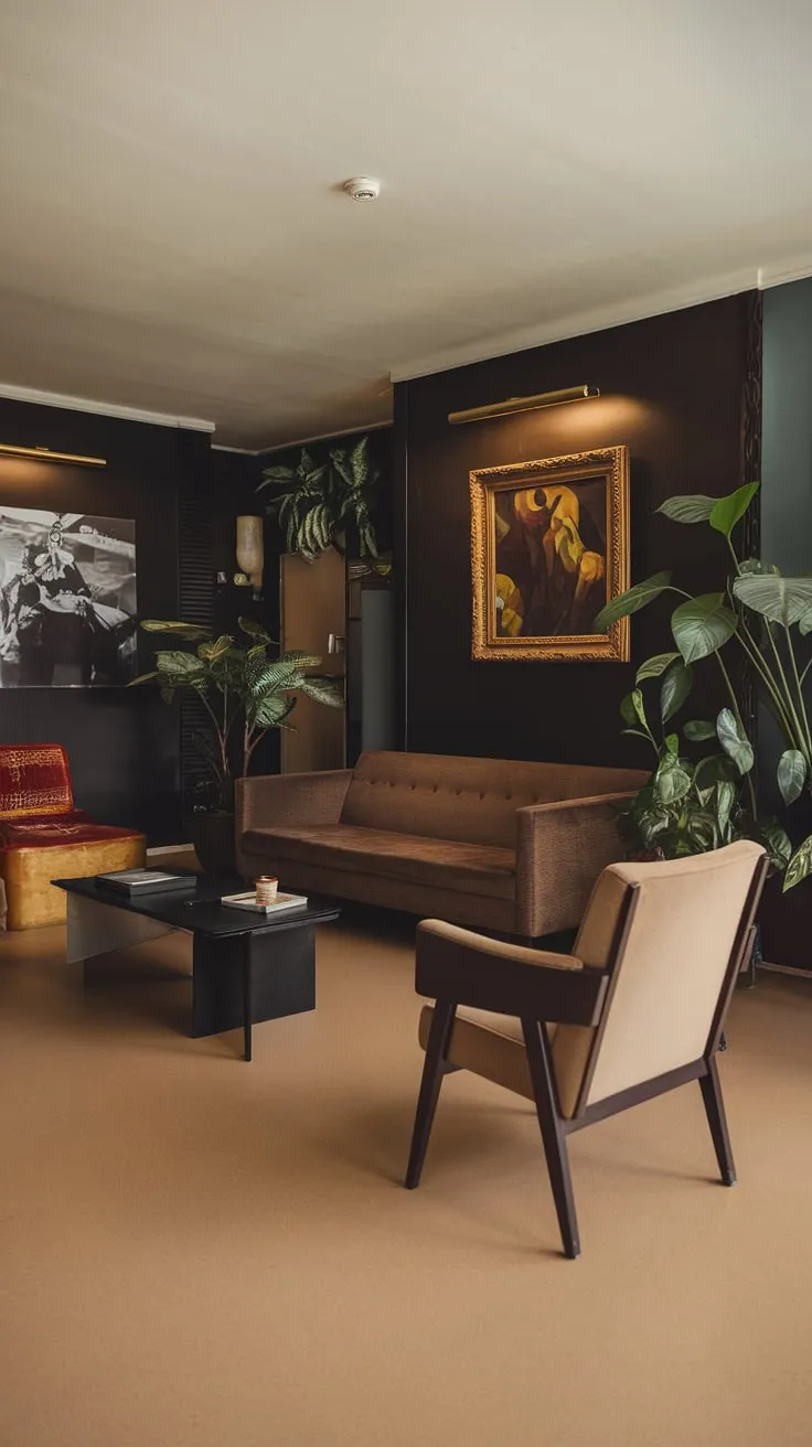 Warm beige floors contrast the cool tones of a 1970s-inspired mid-century modern living room, accented by art and plants.