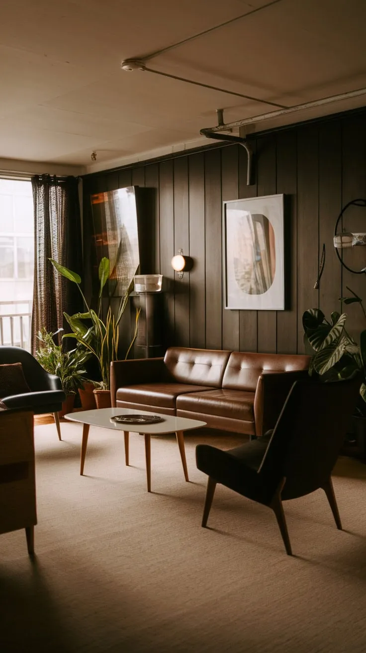 A dark and moody mid-century modern apartment blends 1970s lounge vibes with rich textures and warm lighting for a sophisticated retreat.