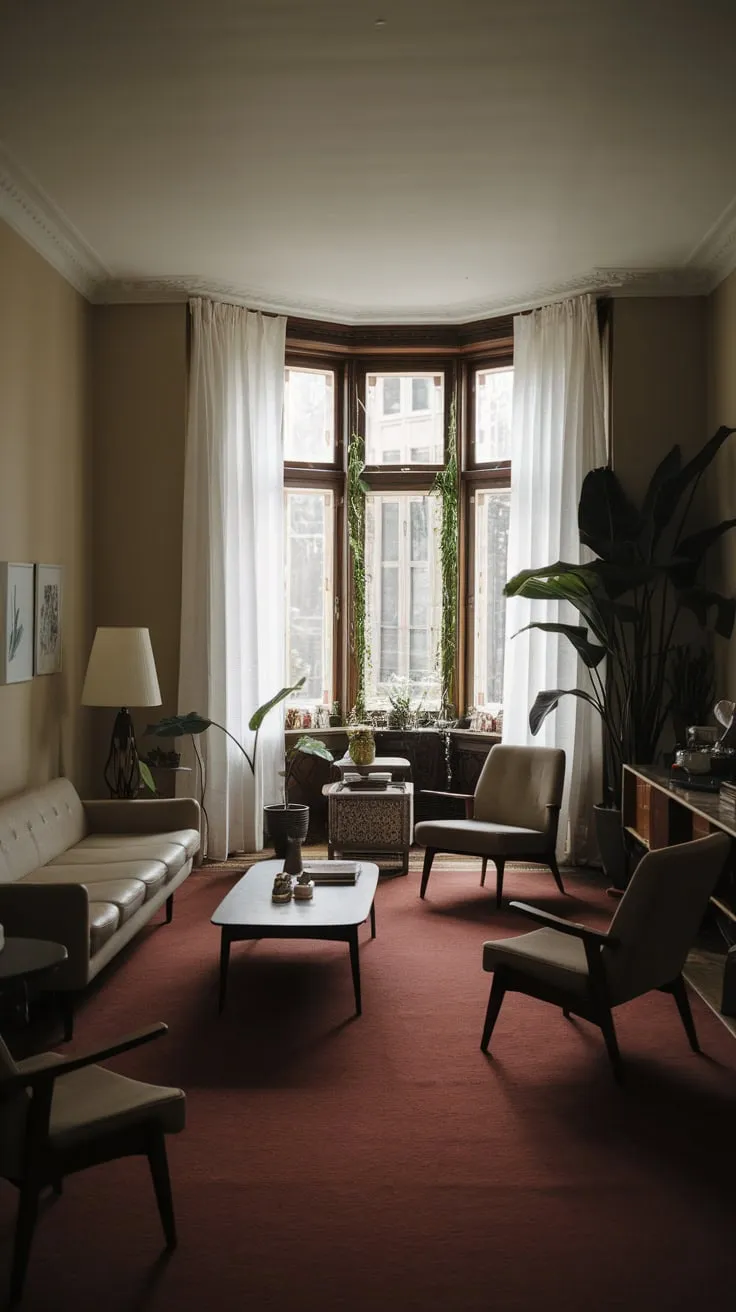 A lush green view contrasts with the dark interior of this stylish mid-century modern apartment