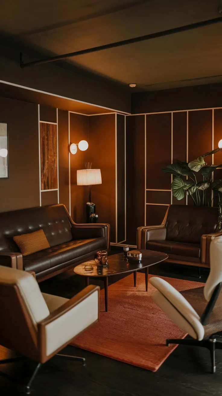 A low-ceilinged, intimate space evokes a 1970s lounge atmosphere with dark brown tones offset by beige and white accents in a mid-century modern apartment.