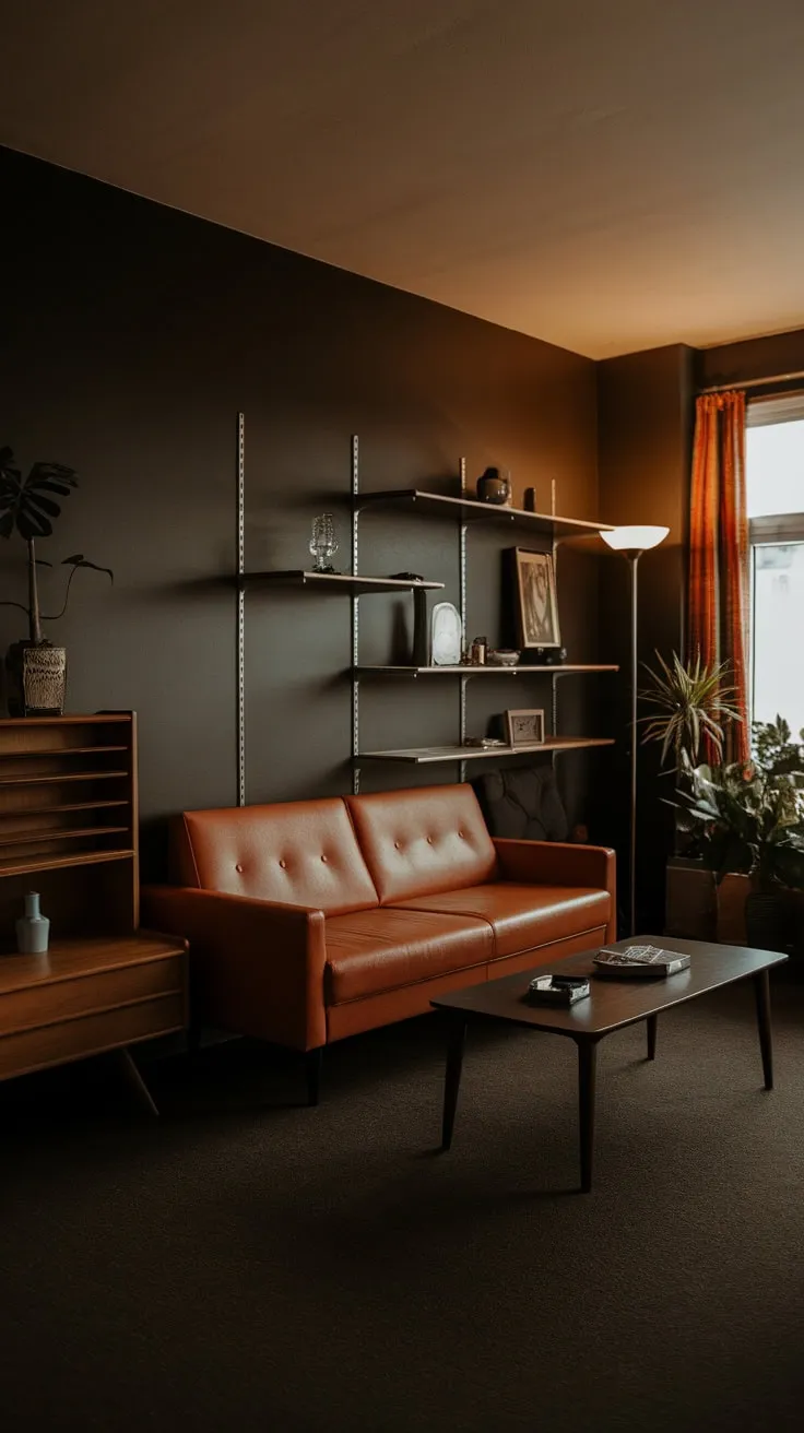 Warm mid-century modern vibes fill a dark-hued apartment, anchored by a 1970s orange sofa and rich wood tones