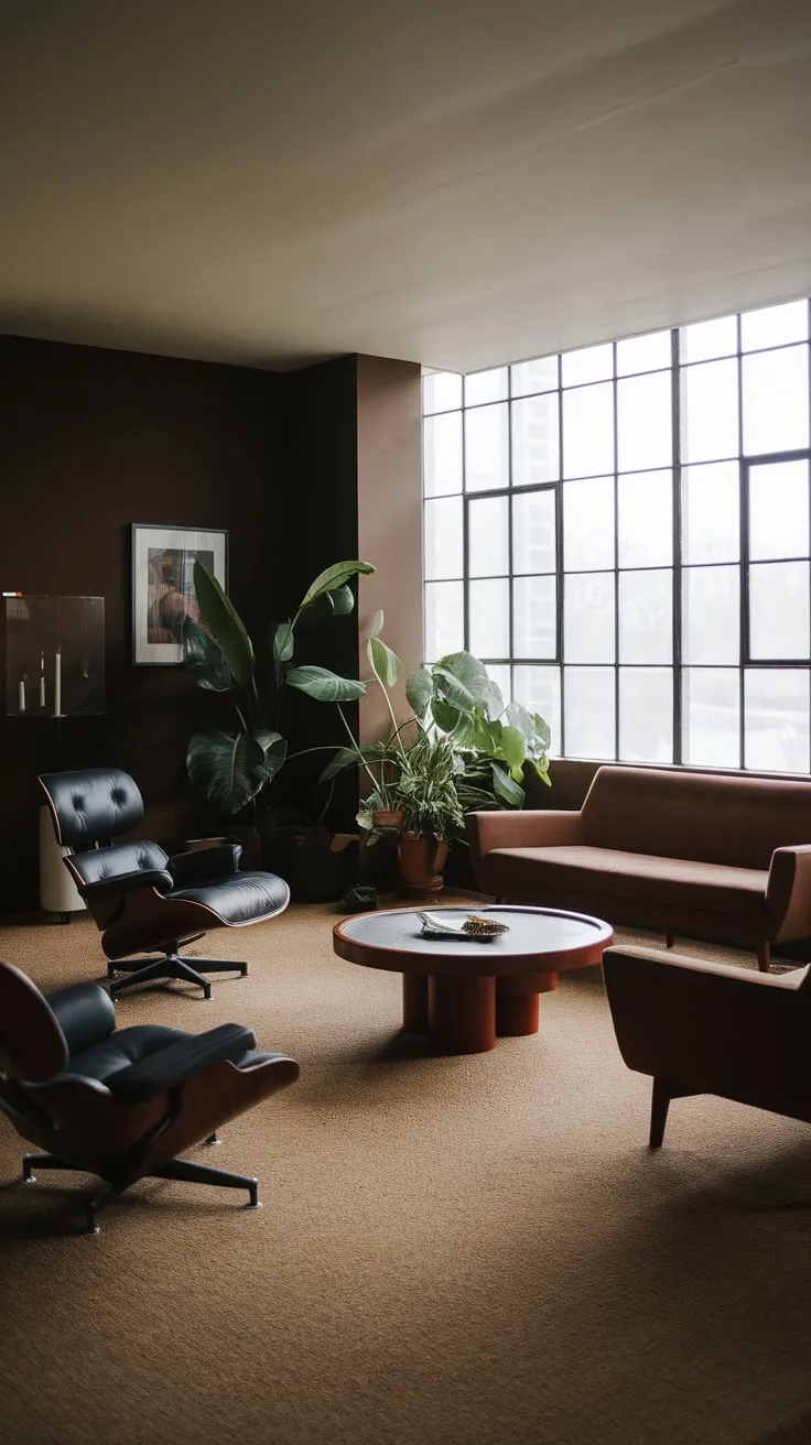 Dark brown hues and mid-century furniture create a sophisticated 1970s vibe in this stylish apartment